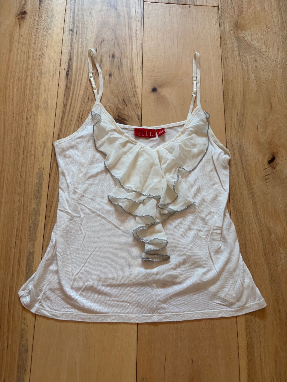 ELLE Vintage Cream Chiffon Ruffle Front Cami Metallic Trim S